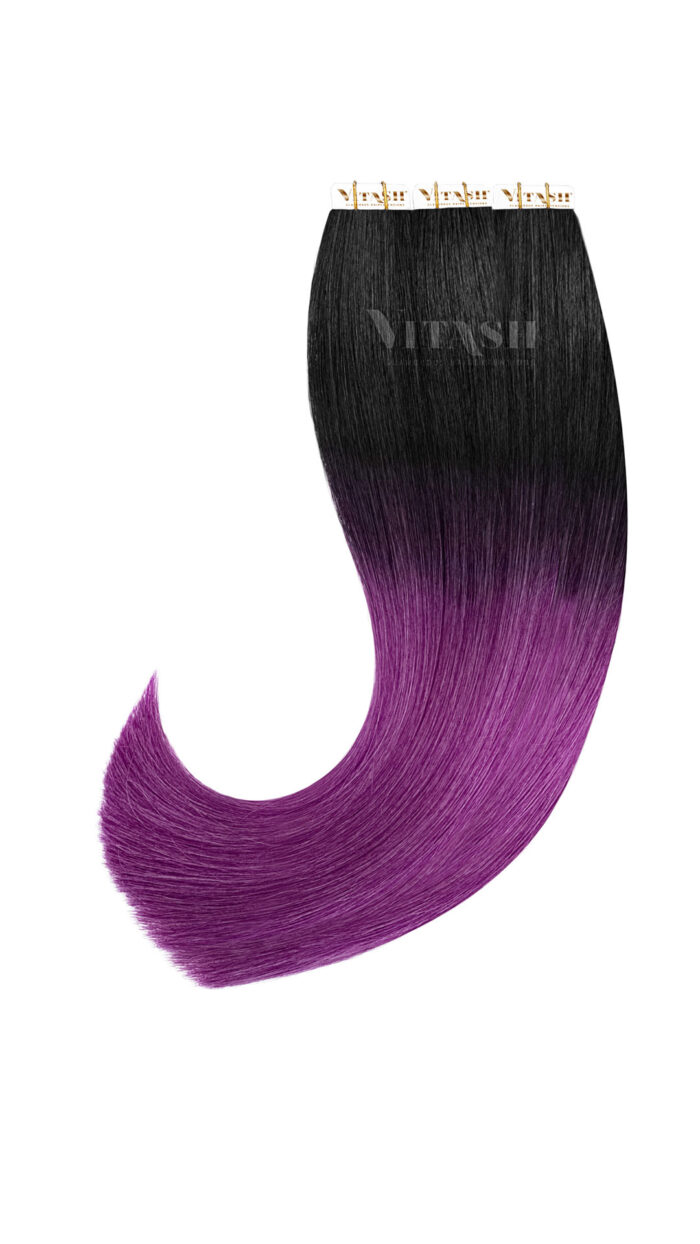 20 Remy Tape In Extensions Haarverlaengerung Farbe Ombre Schwarz Lila Purple 50cm