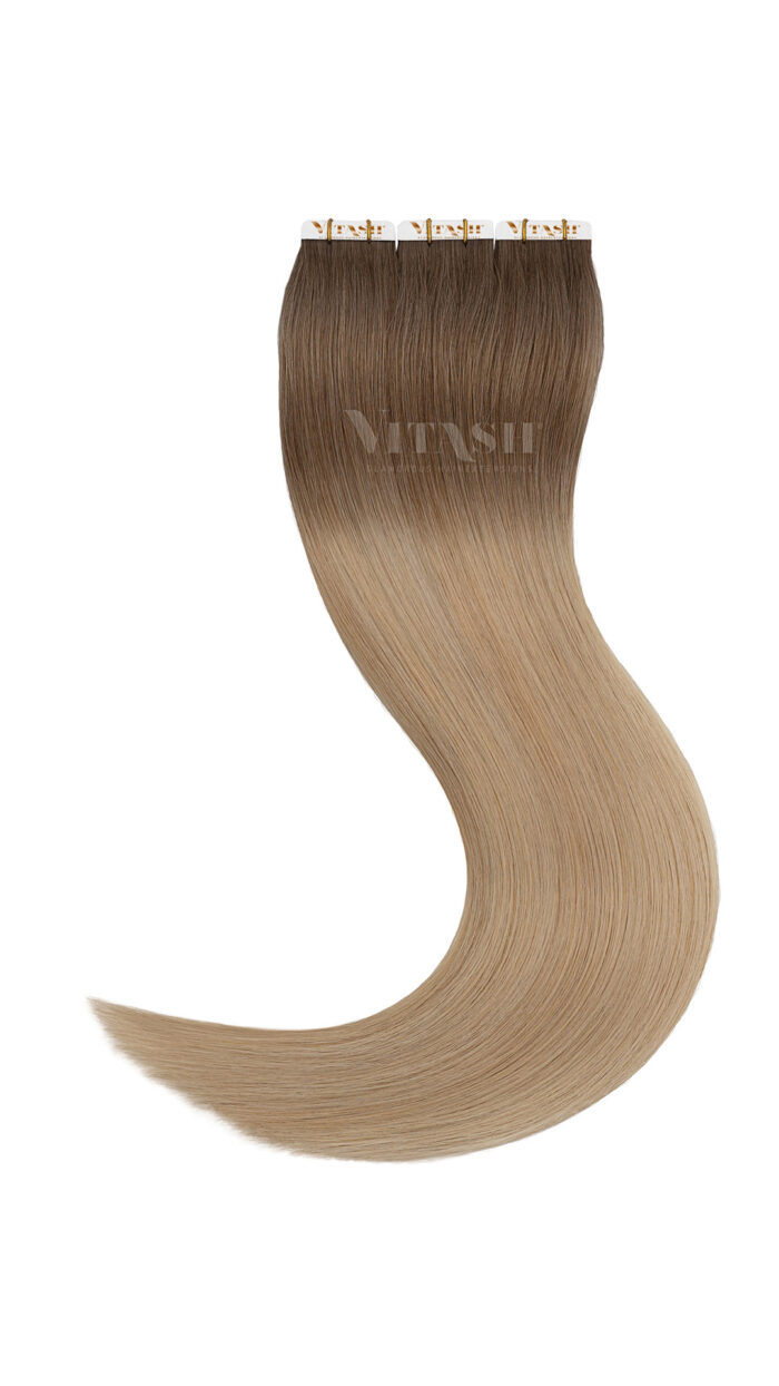 10 Tape In Extensions Haarverlaengerung Farbe Ombre Hellaschbraun / Mittelblond 50cm