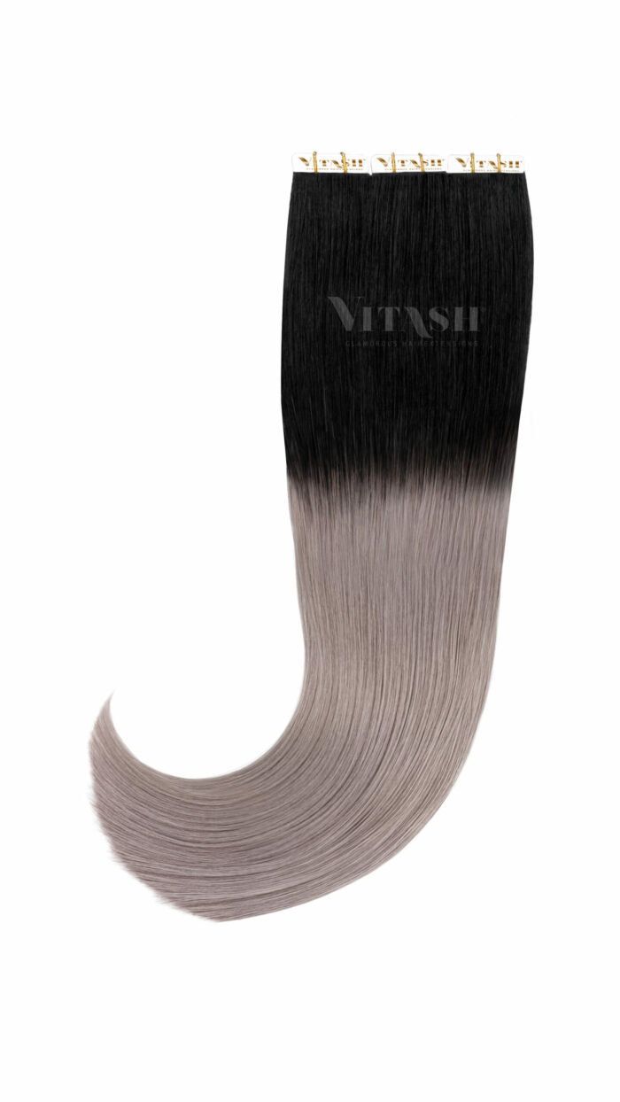 Vitash 20 Tape In Extensions Haarverlaengerung Farbe Ombre Schwarz / Silber Grau 50cm